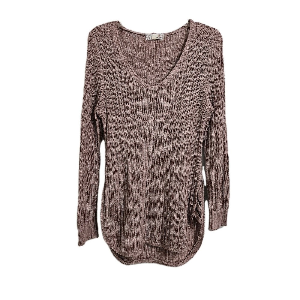 Pink Republic Sweater Womens L Dusty Mauve Tunic V-Neck Lattice Side Slit Ribbed